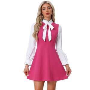 Contrast Color for Vintage Long Sleeve Tie Neck Dress Hot Pink